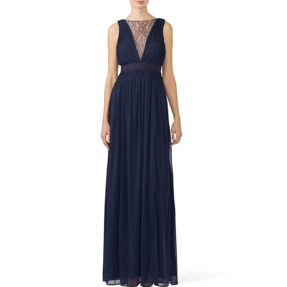 B3‎ Adrianna Papell Midnight Illusion Gown Womens 2 Navy Plunge Wedding Guest